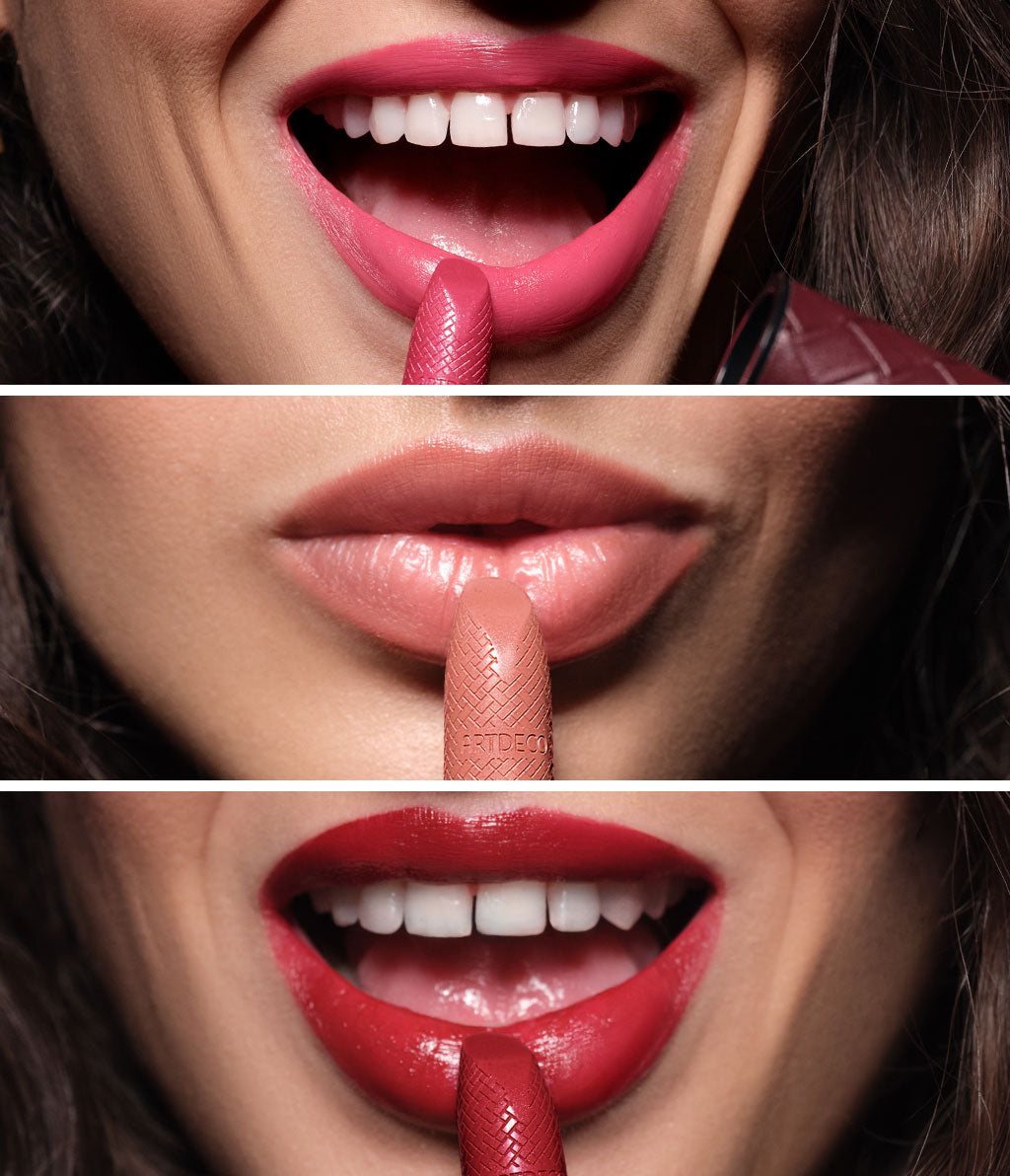Collage aus verschiedenen Anwendungsbildern des Iconic Lipsticks von ARTDECO. Von oben nach unten: N°330 love story, N°350 autumn terra und zuletzt N°310 cherry kiss.