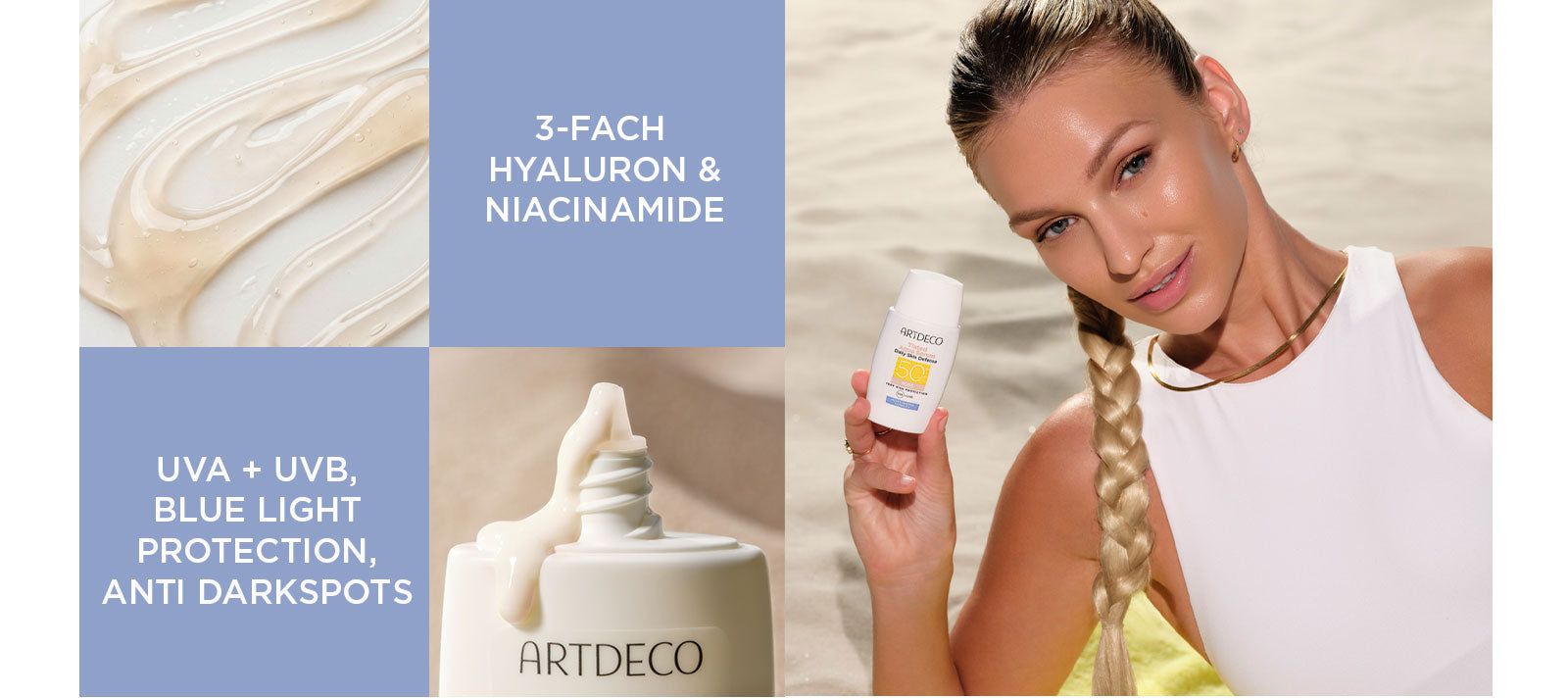 Banner Collage auf verschiedenen Anwendungs- und Moodbildern. Auf den blauen Flächen stehen die USPs des Produktes: 3-fach Hyaluron, Niacinamide, UVA + UVB, Blue Light Protection und Anti Darkspots