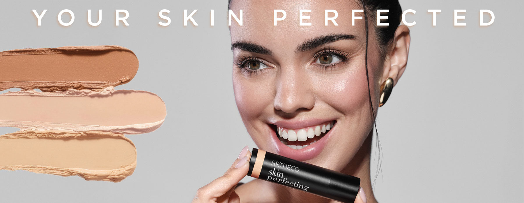 Kollektionsbild mit Model und Textur Swatches der neuen Your Skin perfected-Kollektion von ARTDECO