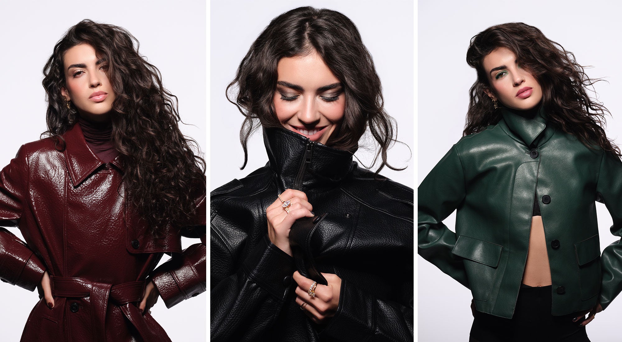 Collage aus drei Anwendungsbildern, in welchem das Model jeweils eine rote, grüne und schwarze Jacke trägt, mit dazu abgestimmtem Make-up.