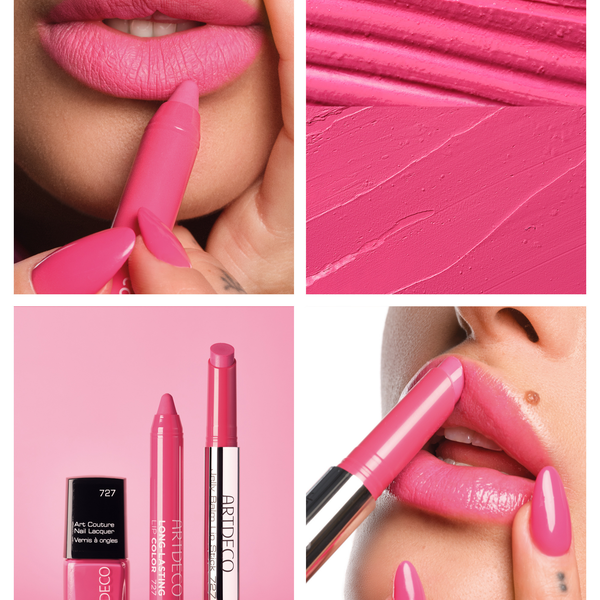 Collage aus Anwendungs- und Produktbildern der N°727, um einen perfekt aufeinander abgestimmten Look aus Lippenstift und Nagellack zu präsentieren