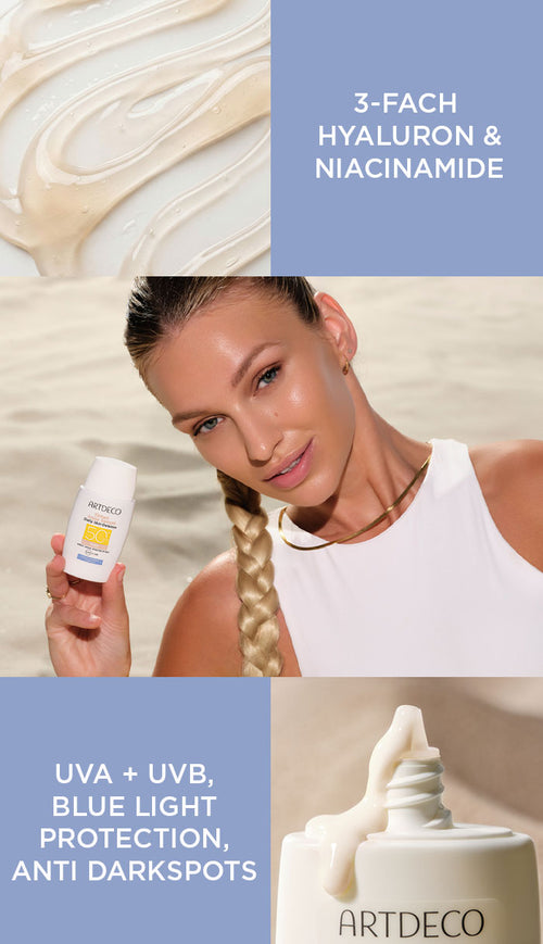 Banner Collage auf verschiedenen Anwendungs- und Moodbildern. Auf den blauen Flächen stehen die USPs des Produktes: 3-fach Hyaluron, Niacinamide, UVA + UVB, Blue Light Protection und Anti Darkspots