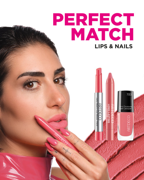 Kollektionsbild der neuen Perfect Match-Kollektion von ARTDECO bestehend aus perfekt aufeinander abgestimmten Lippenstiften und Nagellacken