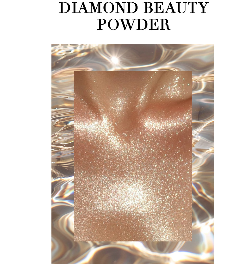 Anwendungsbild des Diamond Beauzty Powder, um den strahlenden Glow mit elegantem Glitzer der sich wie ein Diamant-Schleier auf die Haut legt, darzustellen. Zusätzlich steht in Großbuchstaben oben im Bild »Diamond Beauty Powder«