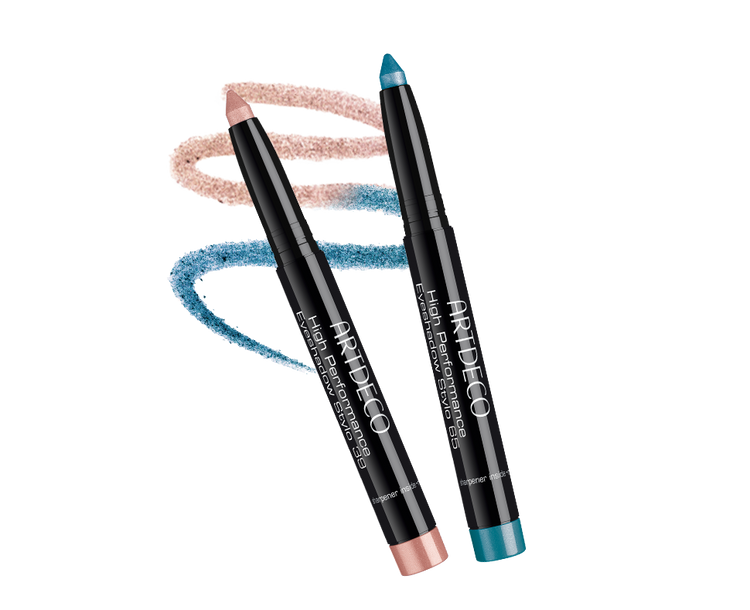 Produktbild der High Performance Eyeshadow Stylos „angelena“ und „south bay“ mit zweitfarbiger Textur im Hintergrund