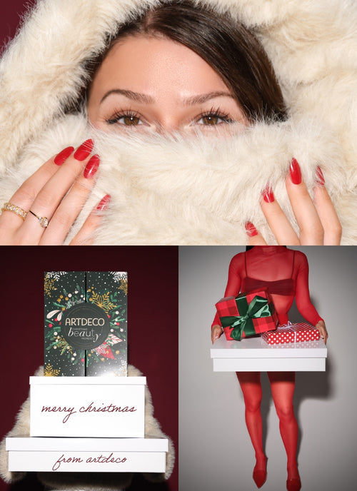 Weihnachtliche ARTDECO Collage mit Model im cremefarbenen Kunstfell, festlichen Geschenkboxen und ARTDECO Adventskalender.