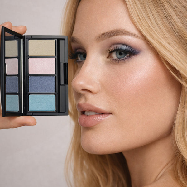 Model präsentiert eine Beauty Box mit einer denim street style Lidschatten Kombination für blaue Augen und wie sie auf dem Auge angewendet aussieht.