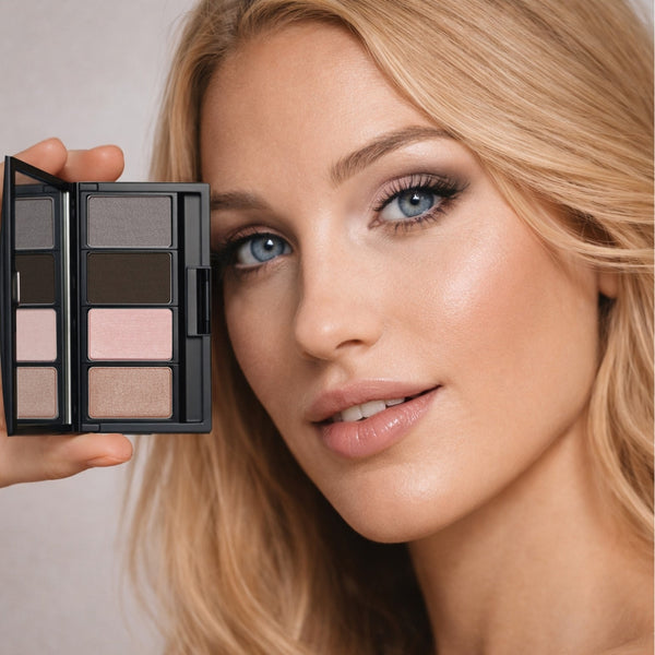 Model präsentiert eine Beauty Box mit einer alltagstauglichen Rose Lidschatten Kombination für blaue Augen und wie sie auf dem Auge angewendet aussieht.