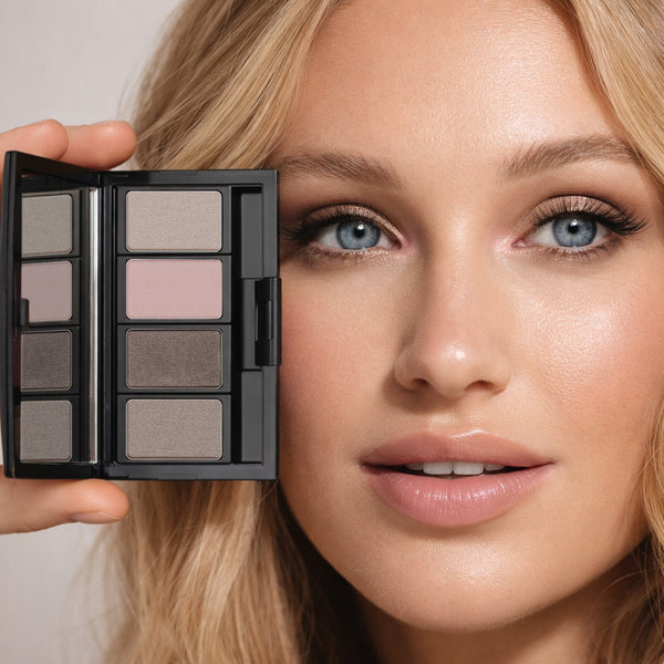 Model präsentiert eine Beauty Box mit einer zart neutralen Lidschatten Kombination für blaue Augen.